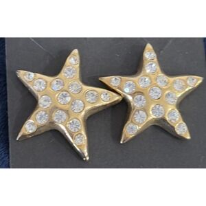 Gold Tone Star Earrings With Clear Sparkle Rhinestones for Pierced Ears Blingy